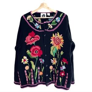 Handknits By Storybook Knits Vintage Garden Floral Cardigan Sweater In Black 1X